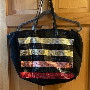 Victoria's Secret Black and Gold Striped Sequin Canvas Tote